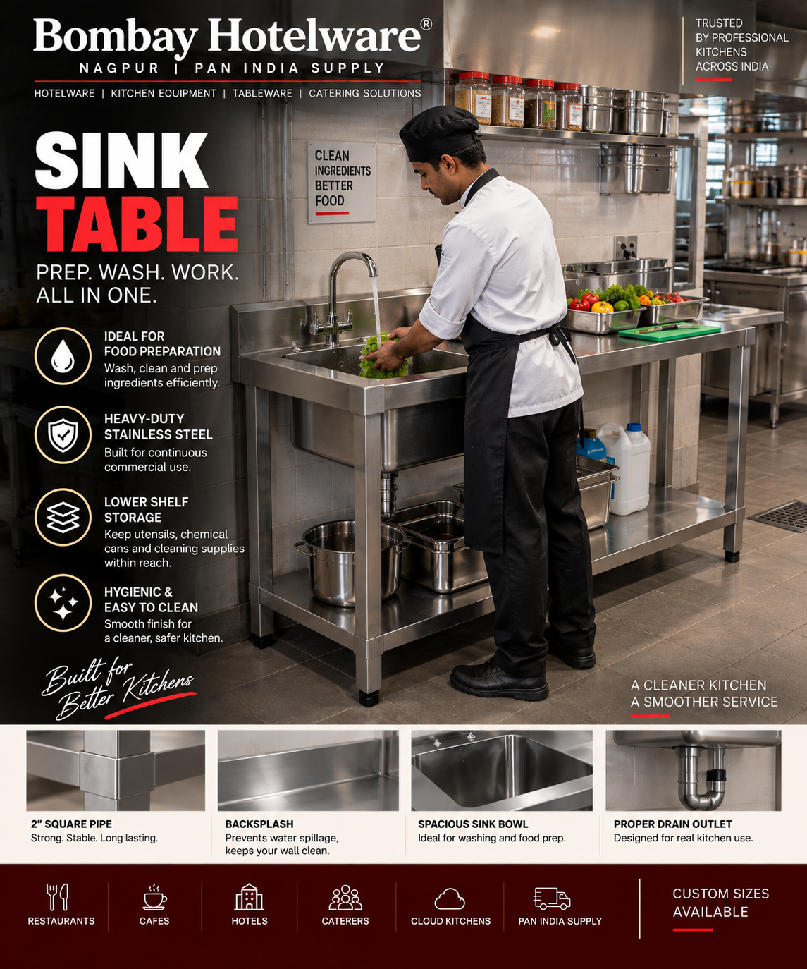 Stainless Steel Sink with Table for Commercial Kitchens | Custom Commercial Sink Unit Manufacturer