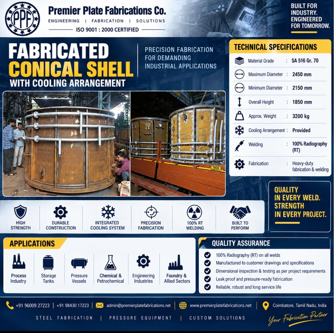 Fabricated Conical Shell With cooling agent Fabrication in Coimbatore by Premier Plate Fabrication