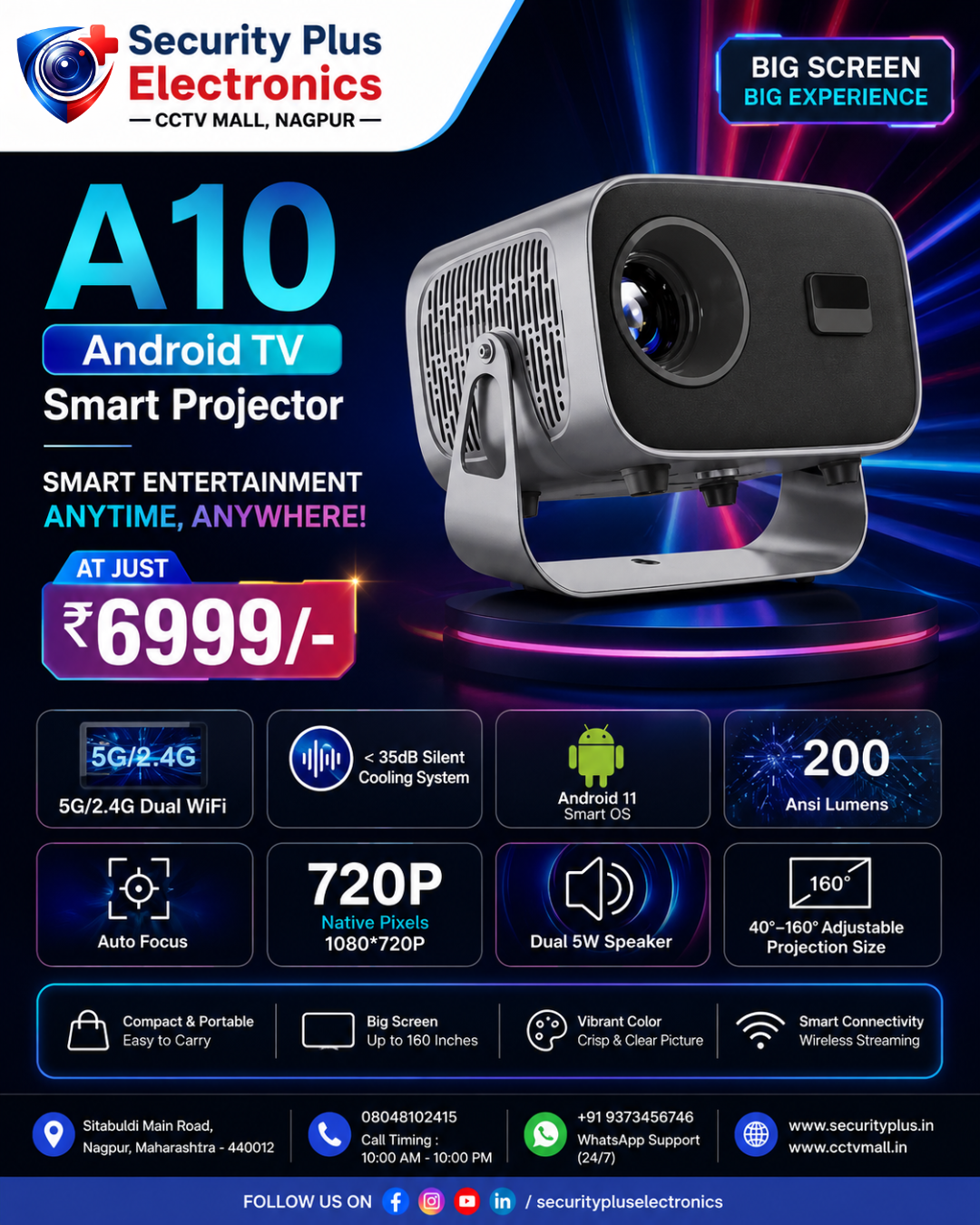 A10 Portable Smart Android LED Projector (4K Support)