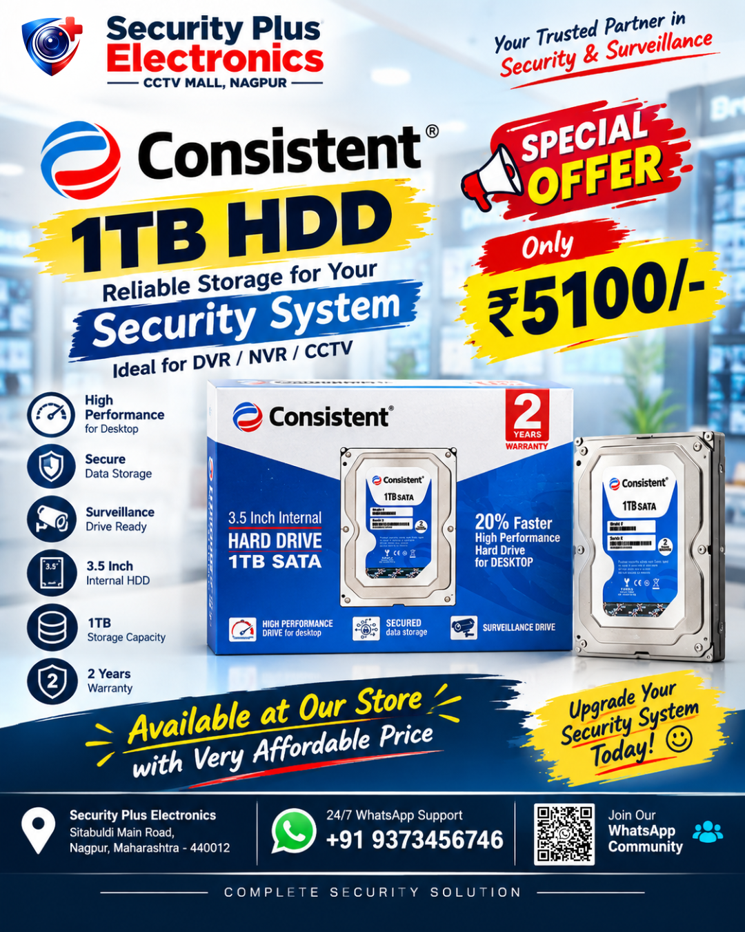 Consistent 1TB 3.5-Inch SATA Surveillance Hard Drive for DVR/NVR