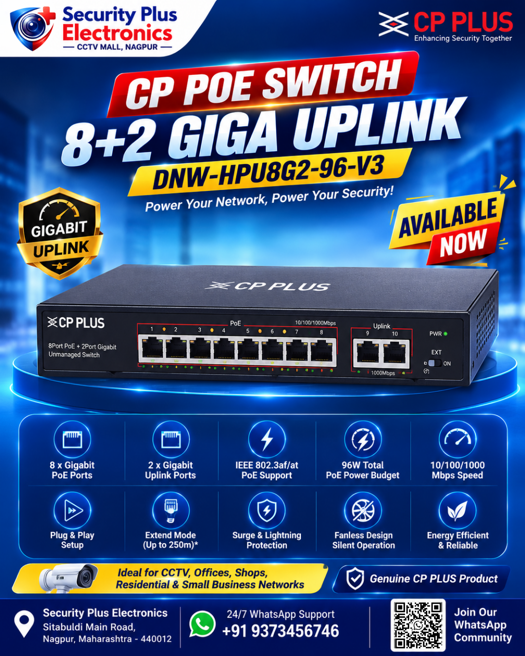 CP Plus 8+2 Gigabit Uplink PoE Switch (DNW-HPU8G2-96-V3)