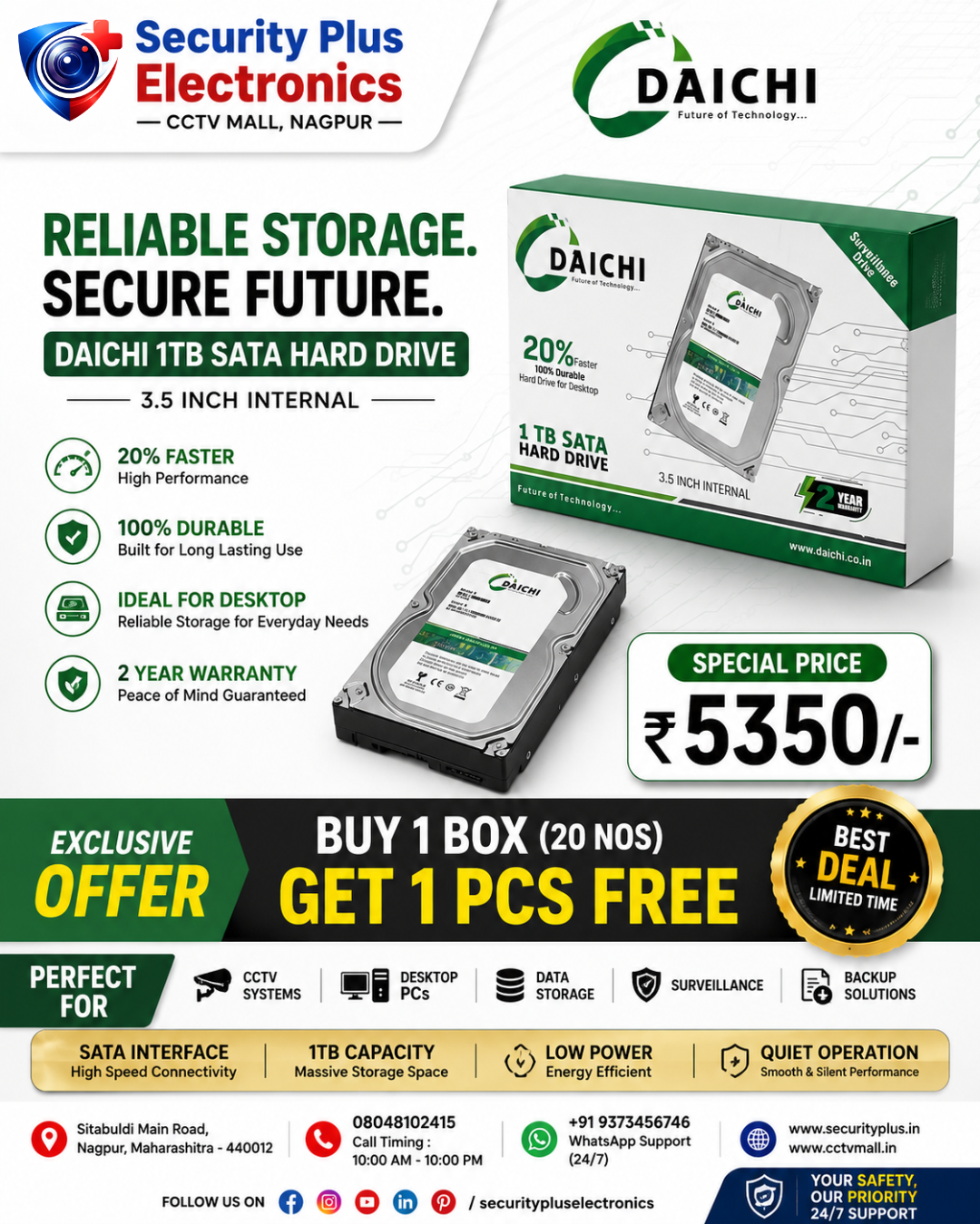 Daichi 1TB 3.5-Inch SATA Internal Hard Drive for CCTV & Desktop PCs