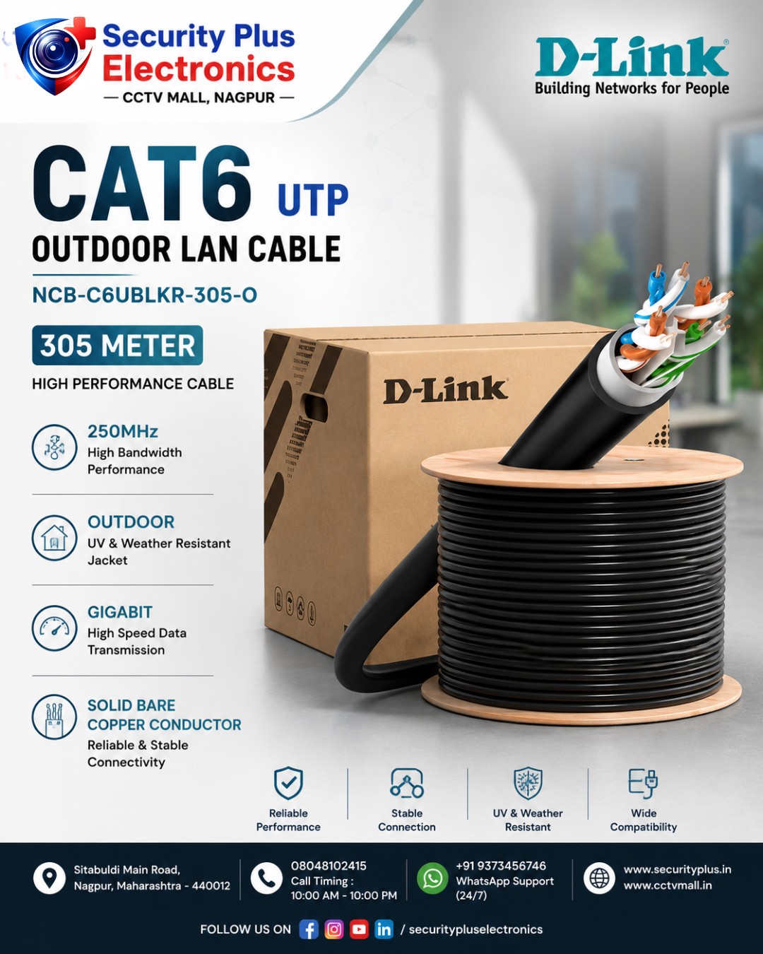 D-Link CAT6 UTP Outdoor LAN Cable 305m (NCB-C6UBLKR-305-O)