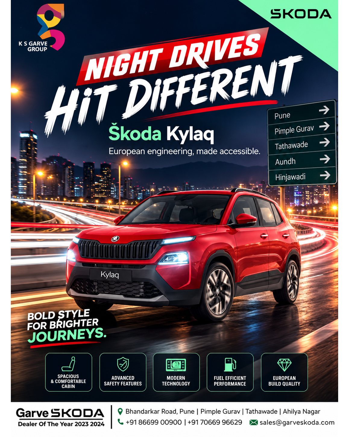Škoda Kylaq Pune | Bold Design, European Engineering & Next-Level Night Drives
