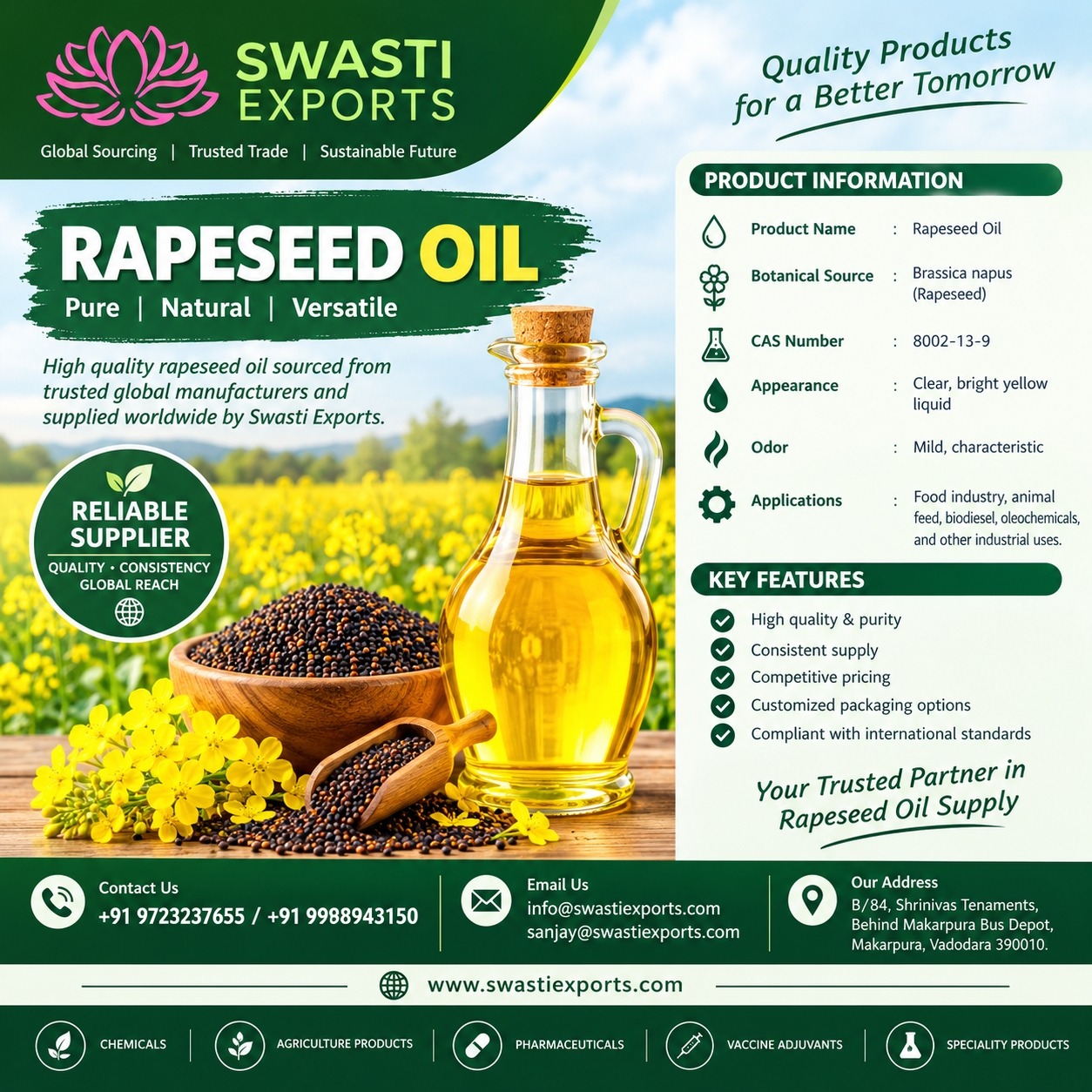 Rapeseed Oil Supplier & Exporter from India | Swasti Exports