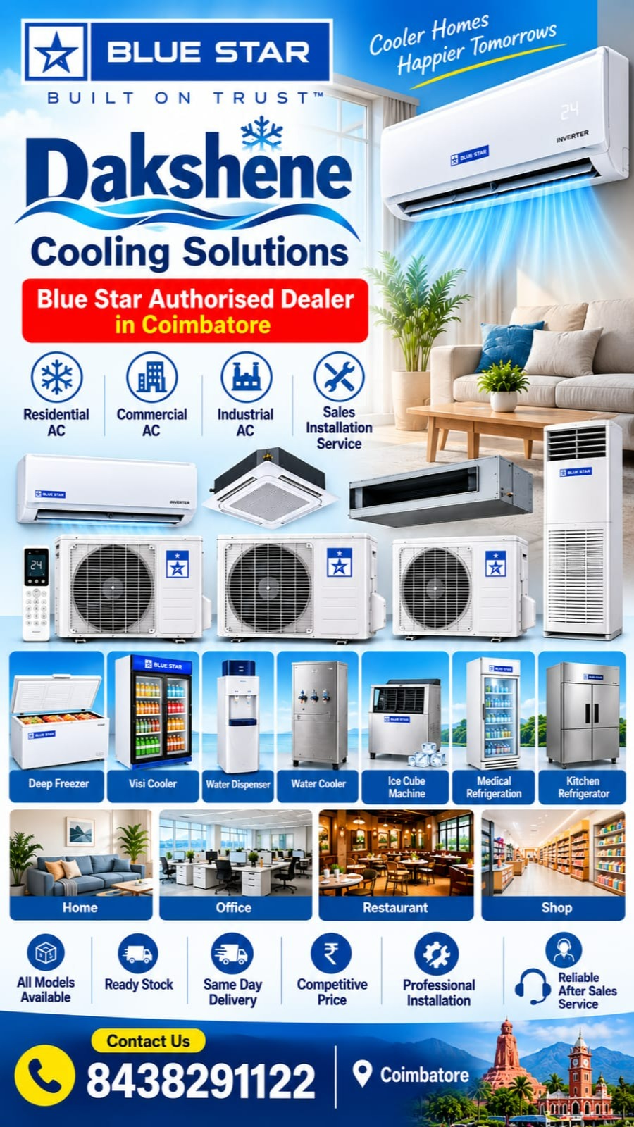 Dakshene Cooling Solutions | Blue Star Showroom Air Conditioner Dealers In Coimbatore | +91843829112