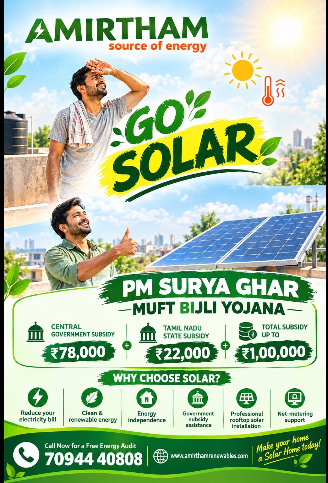 Go Solar with Amirtham Renewables Pvt Ltd!
Reduce your electricity bills and switch to clean, reliab...