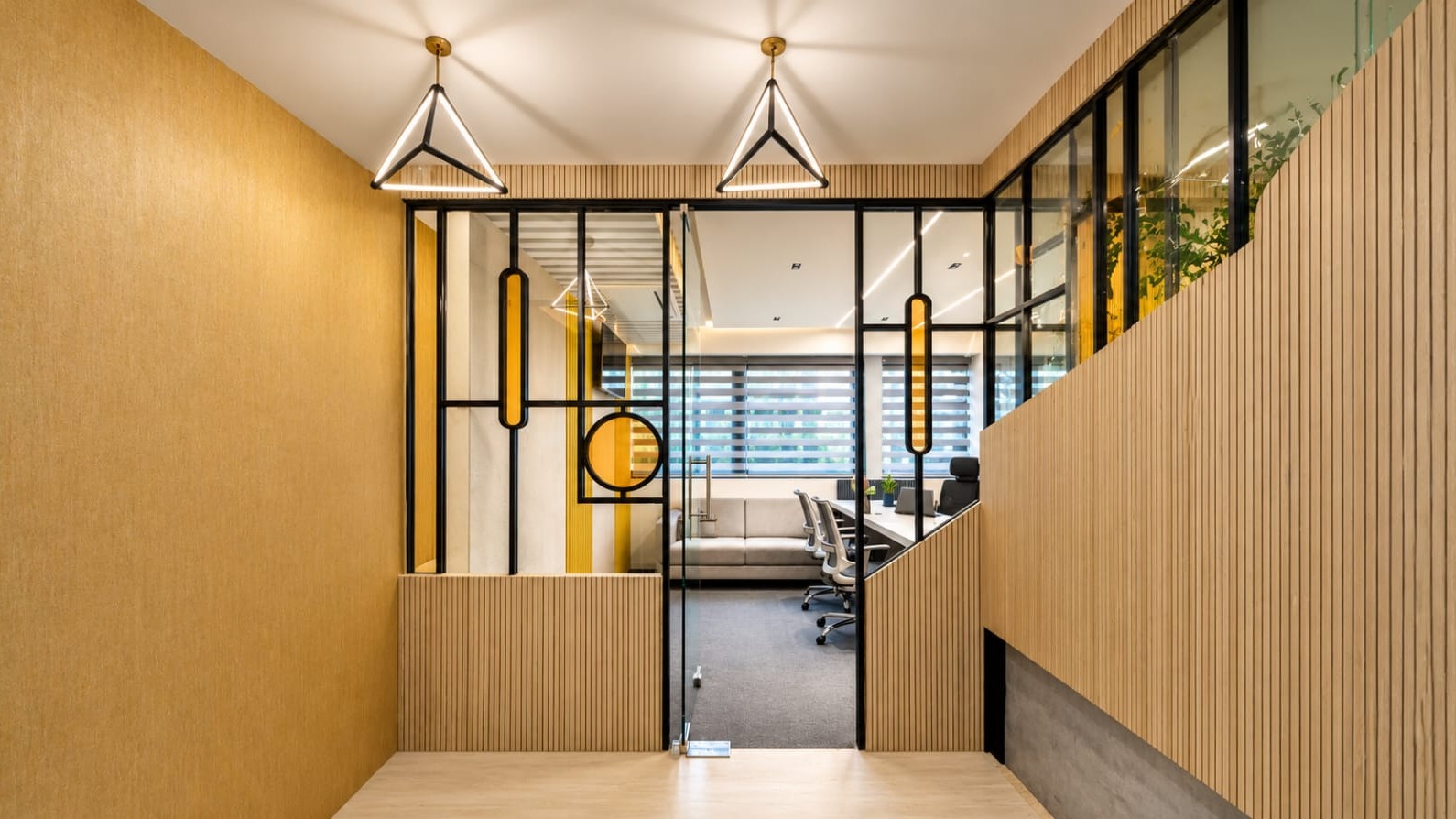 Warm Wooden Office Entrance Interior Design | Adyar