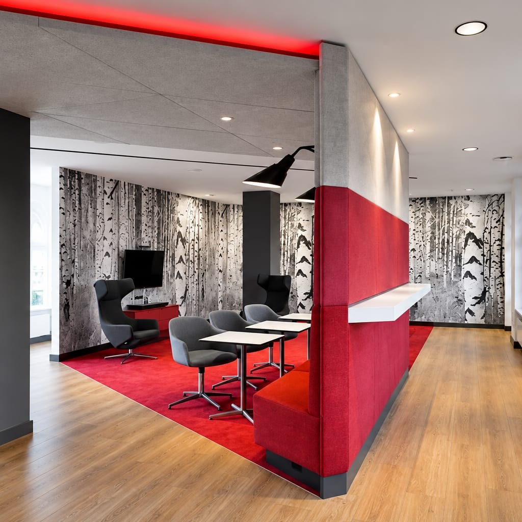 Modern Red and Grey Office Lounge Design | Anna Nagar