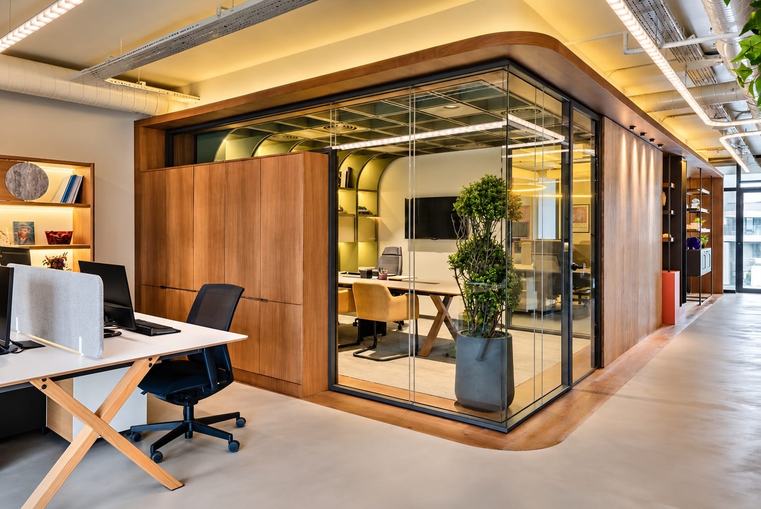 Warm Wooden Glass Cabin Office Design | Velachery