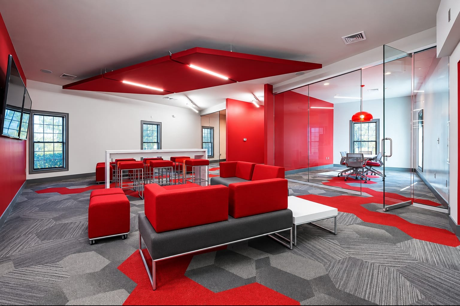Bold Red Collaborative Office Lounge | Guindy