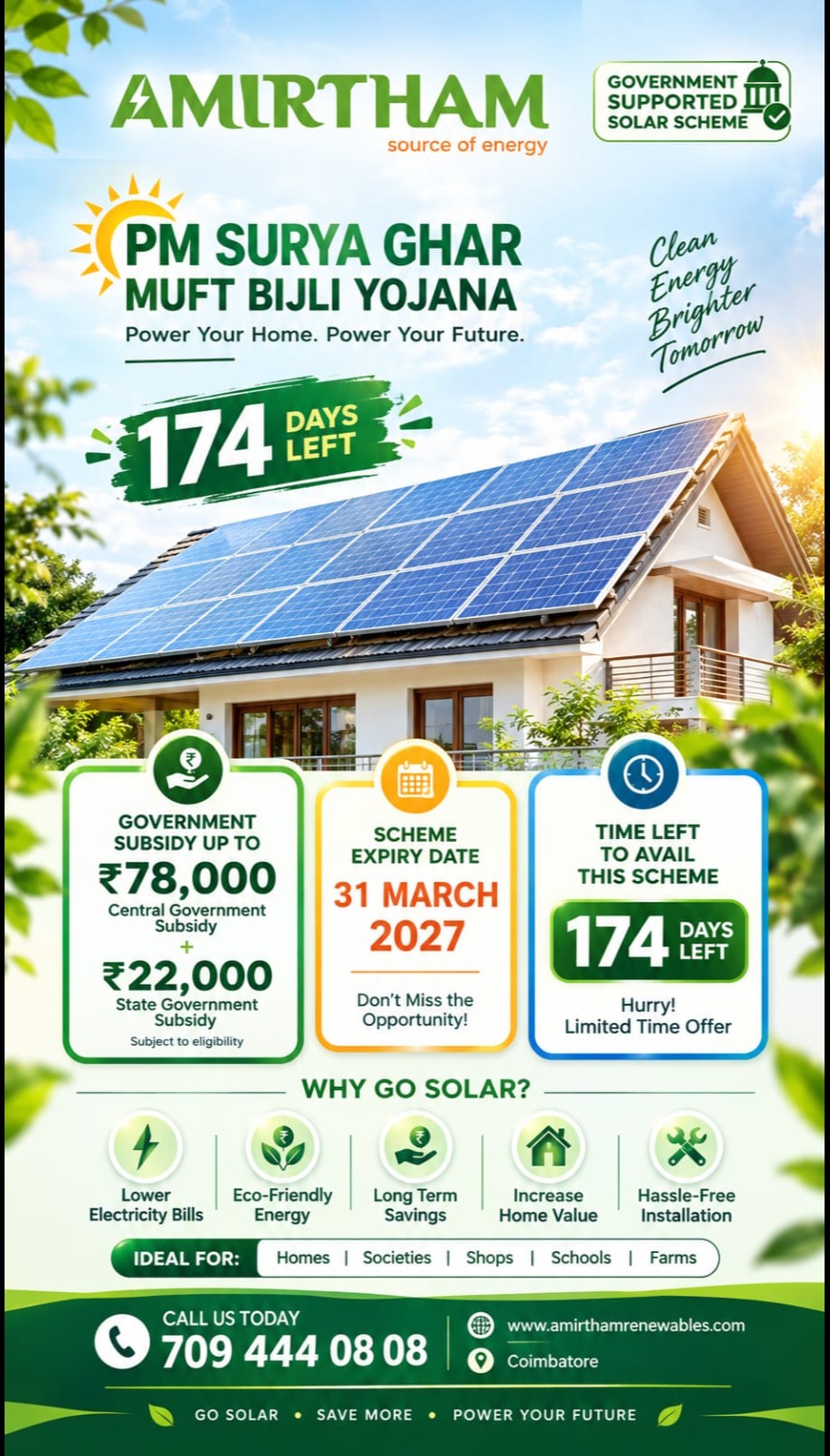 ☀️ 174 DAYS LEFT!
Thinking about switching to solar? The PM Surya Ghar Muft Bijli Yojana is your opp...