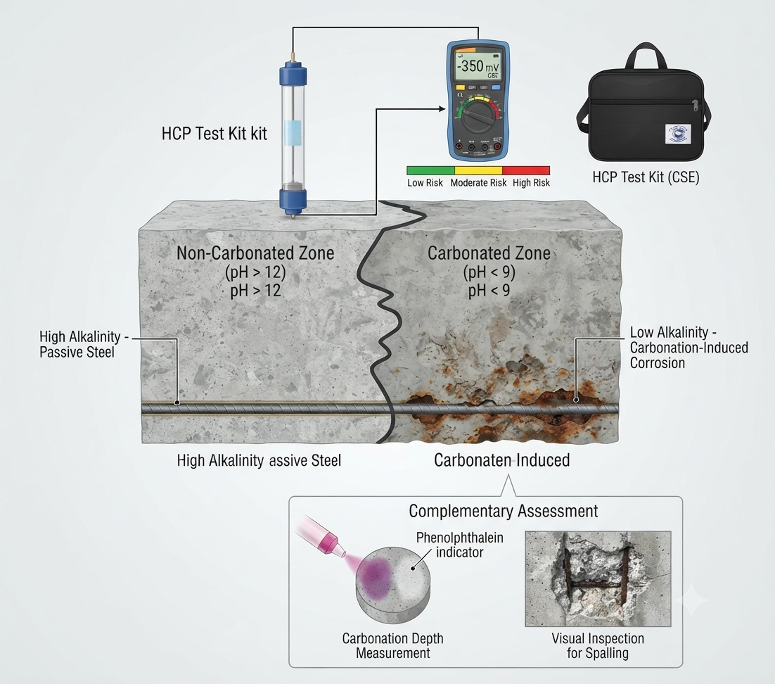 Impact of Carbonation Processes on Corrosion Probability Assessment Using Half Cell Potential Test