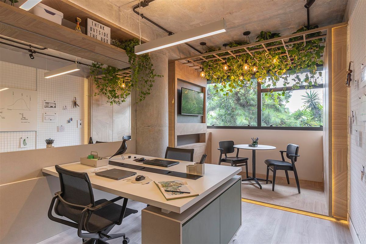 Biophilic Office Interior Design with Natural Greenery and Warm Lighting | Velachery