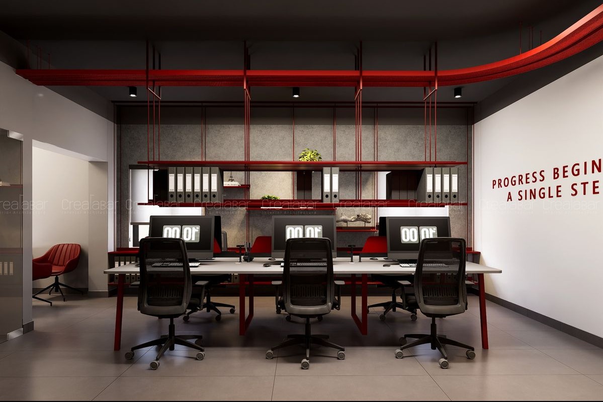 Contemporary Office Interior Design with Red Accents | Velachery
