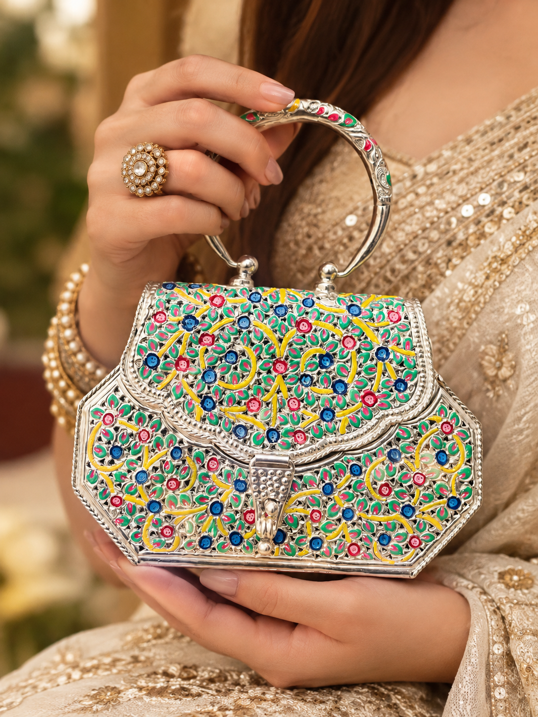 Elegant Meena Work Silver Purse – A Timeless Statement of Luxury