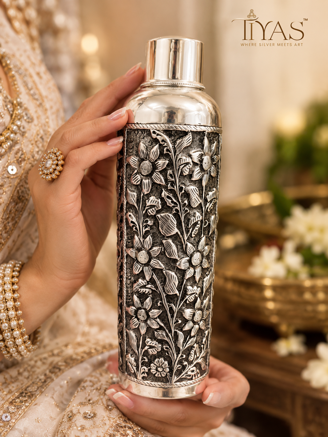 Handcrafted 92.5 Silver Water Bottle | Handcrafted Silver Water Bottle | TIYAS
