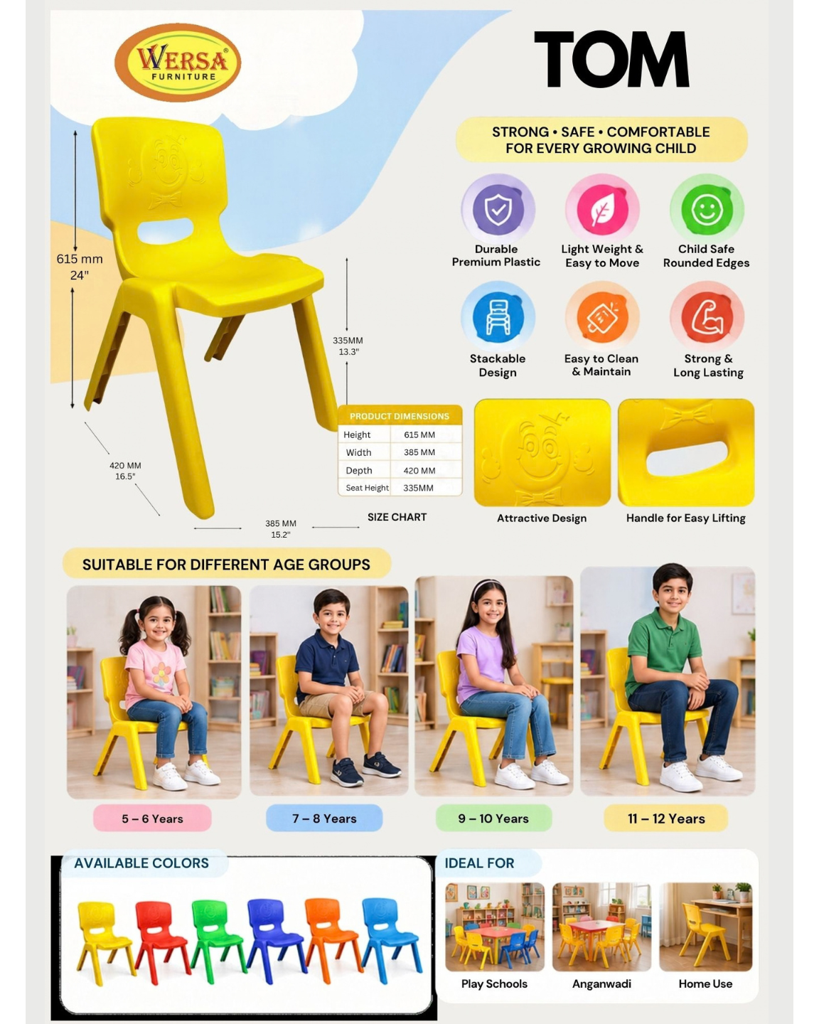 WERSA TOM Kids Plastic Chair - 24 Inch