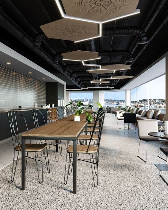 Office Cafeteria Interior Design with Acoustic Ceiling Panels | Velachery