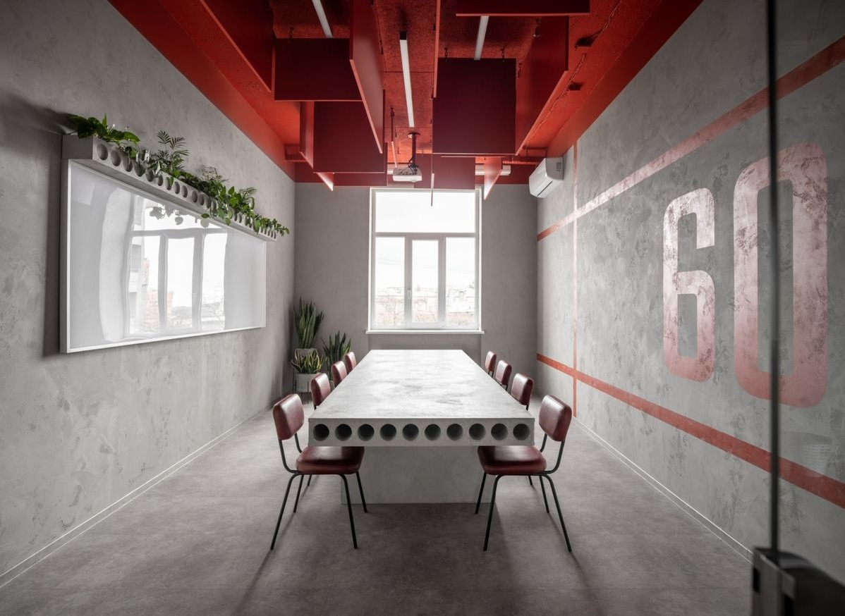 Industrial Conference Room Interior Design with Bold Red Ceiling Accents | Porur