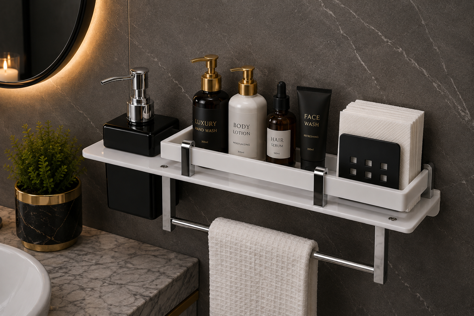Acrylic Black Self with Soap Dispenser & Napkin Holder