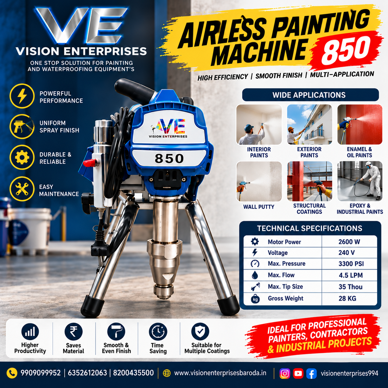 VE 850 Airless Painting Machine | Professional Airless Paint Sprayer for Interior, Exterior, Putty &