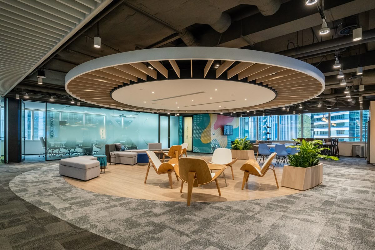 Office Breakout Area Design with Circular Ceiling Feature | Adyar