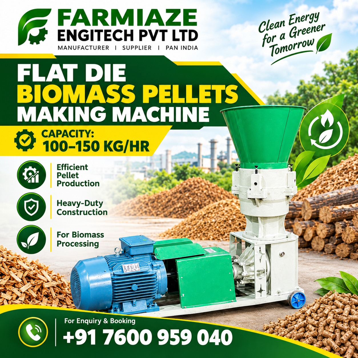 Flat Die Biomass Pellets Making Machine, 100–150 Kg/Hr Manufacturer in Punjab