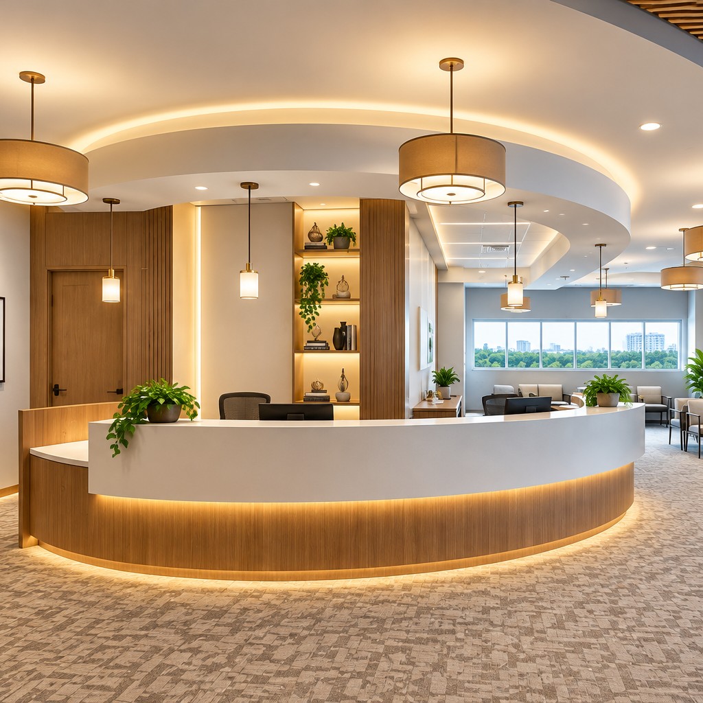 Luxury Office Reception Design with Curved Wooden Front Desk | Anna Nagar