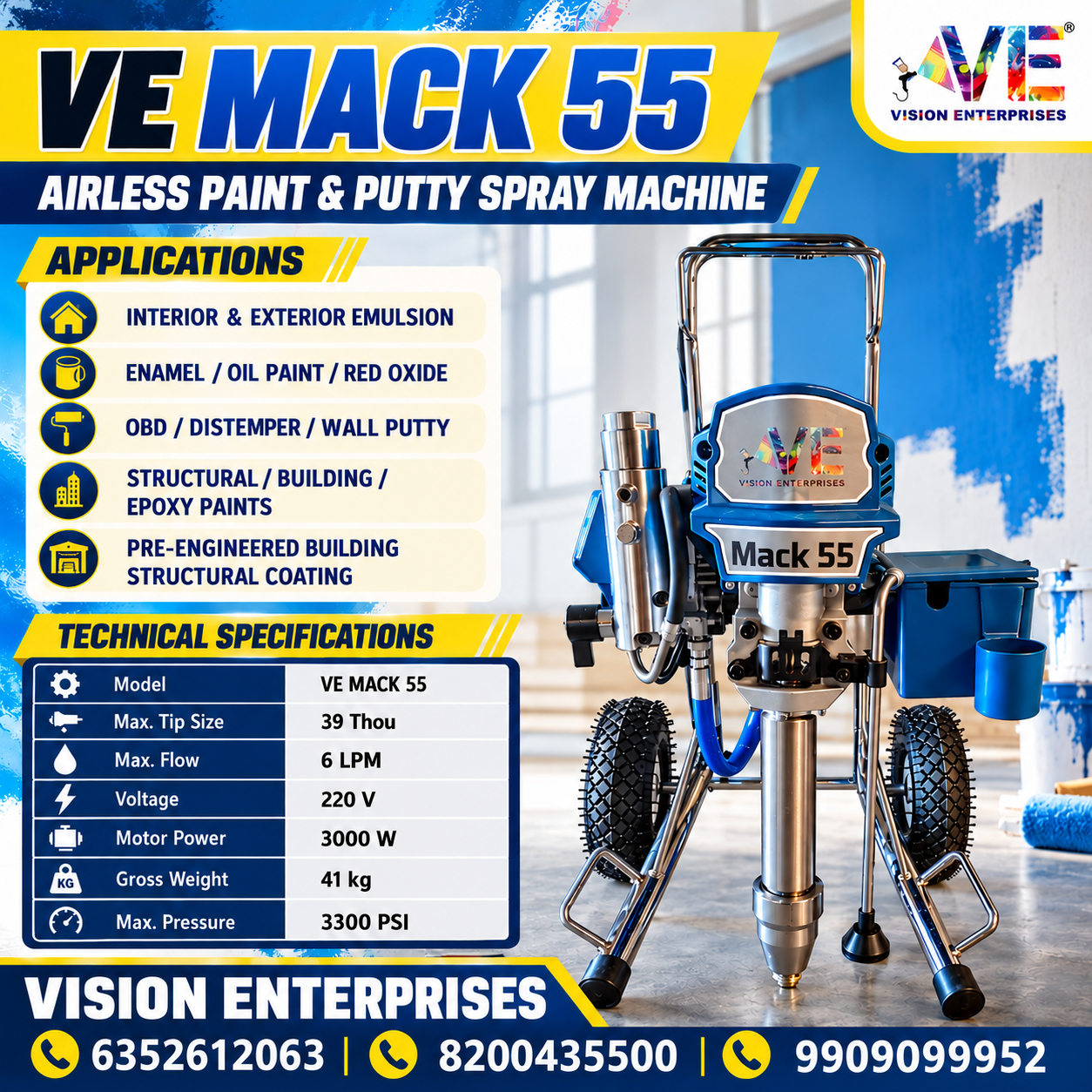 VE MACK 55 Airless Paint & Putty Spray Machine | 3000W Motor | 6 LPM Flow | 3300 PSI
