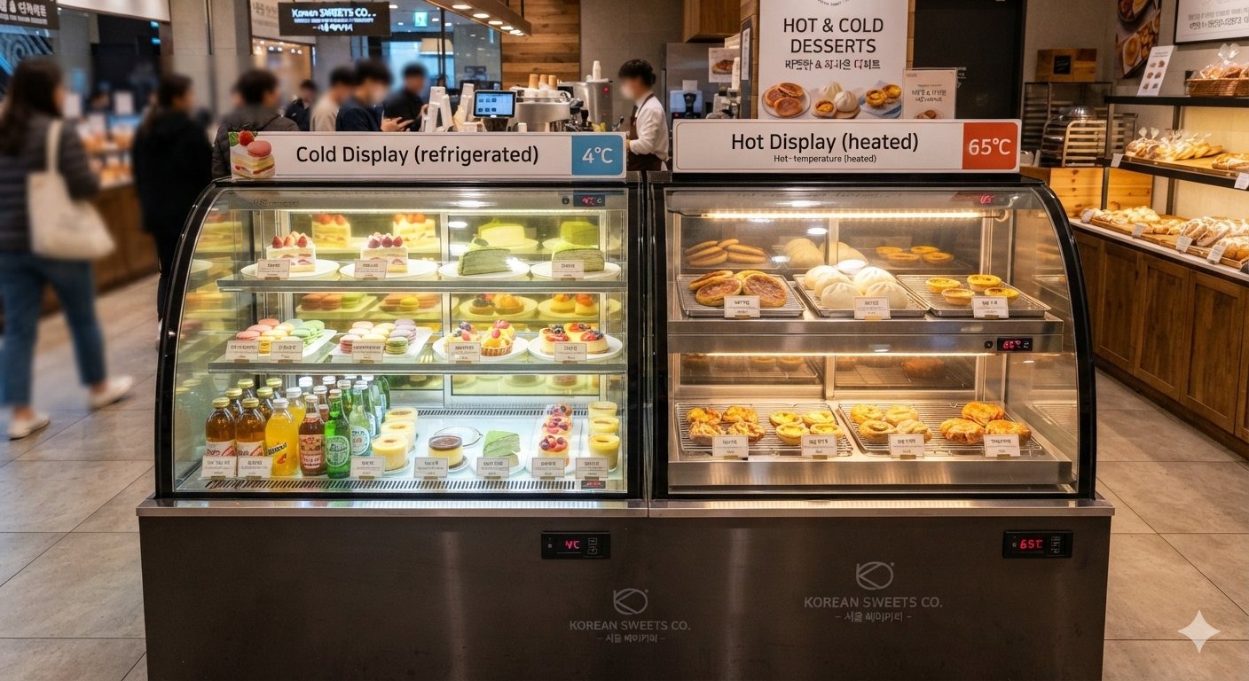 Hot and Cold Sweet Display Counter J Molding Glass Korean Model for Mixed Sweet Displays