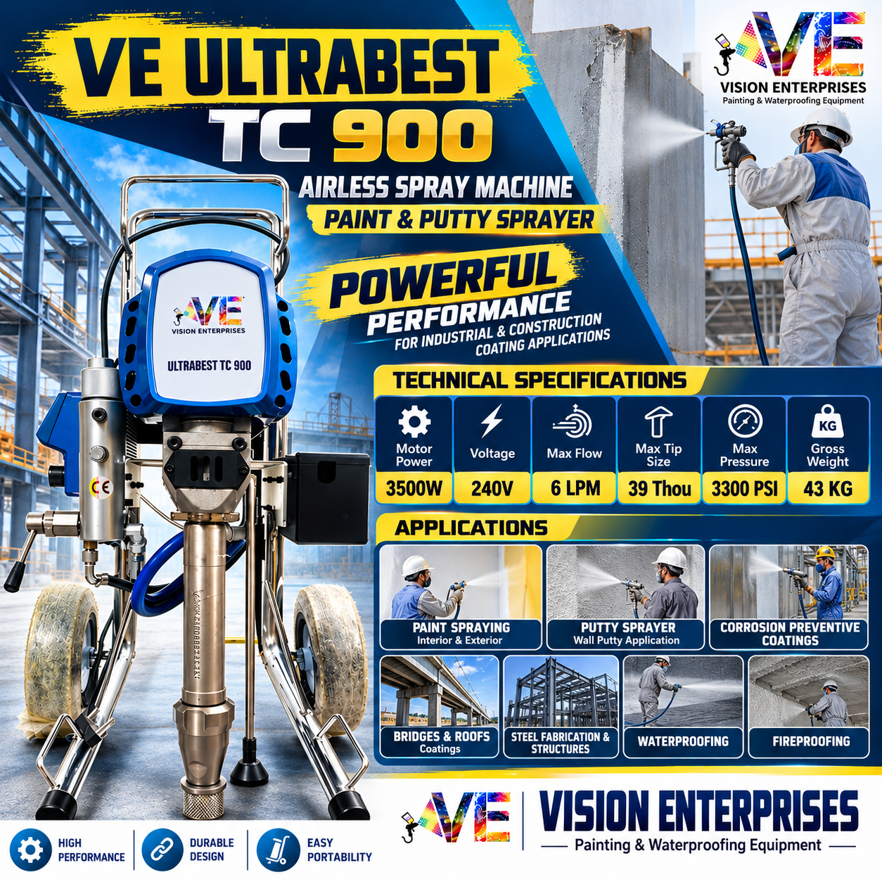 VE ULTRABEST TC 900 Airless Spray Painting Machine 4000W | 3300 PSI Industrial Coating Sprayer