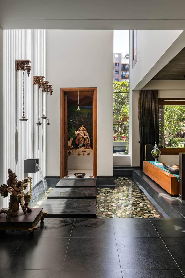 Luxury Traditional Pooja Room Design with Natural Stone Flooring | Kanchipuram