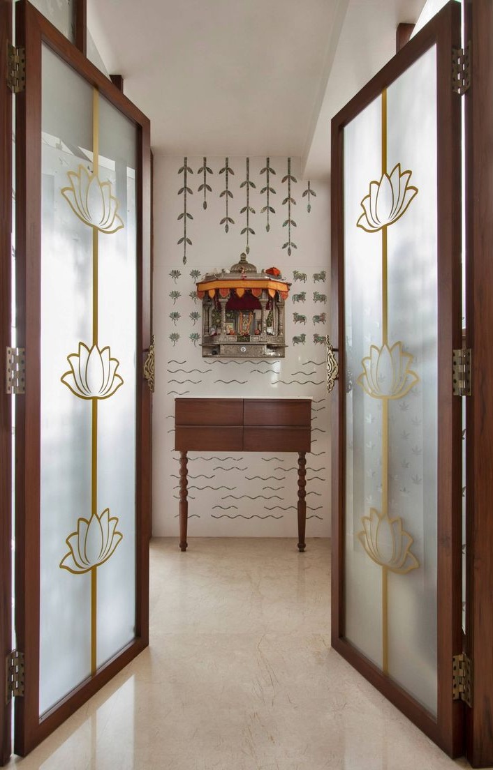 Traditional Pooja Room Design with Lotus Glass Doors | Velachery