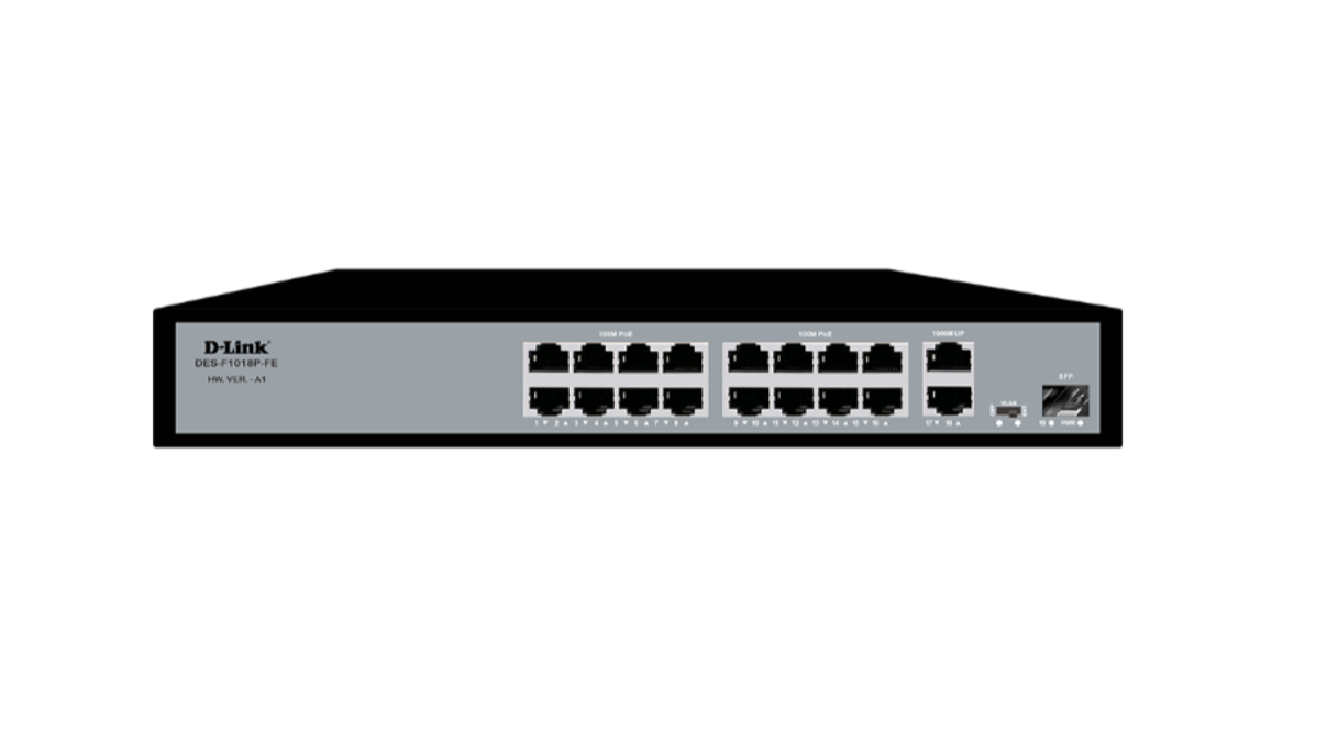 16FE PoE + 2 gigabit Uplink & 1 SFP,250m PoE Switch DES-F1018P-FE