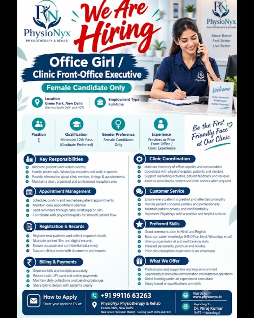 We Are Hiring – Office Girl / Clinic Front-Office Executive in India