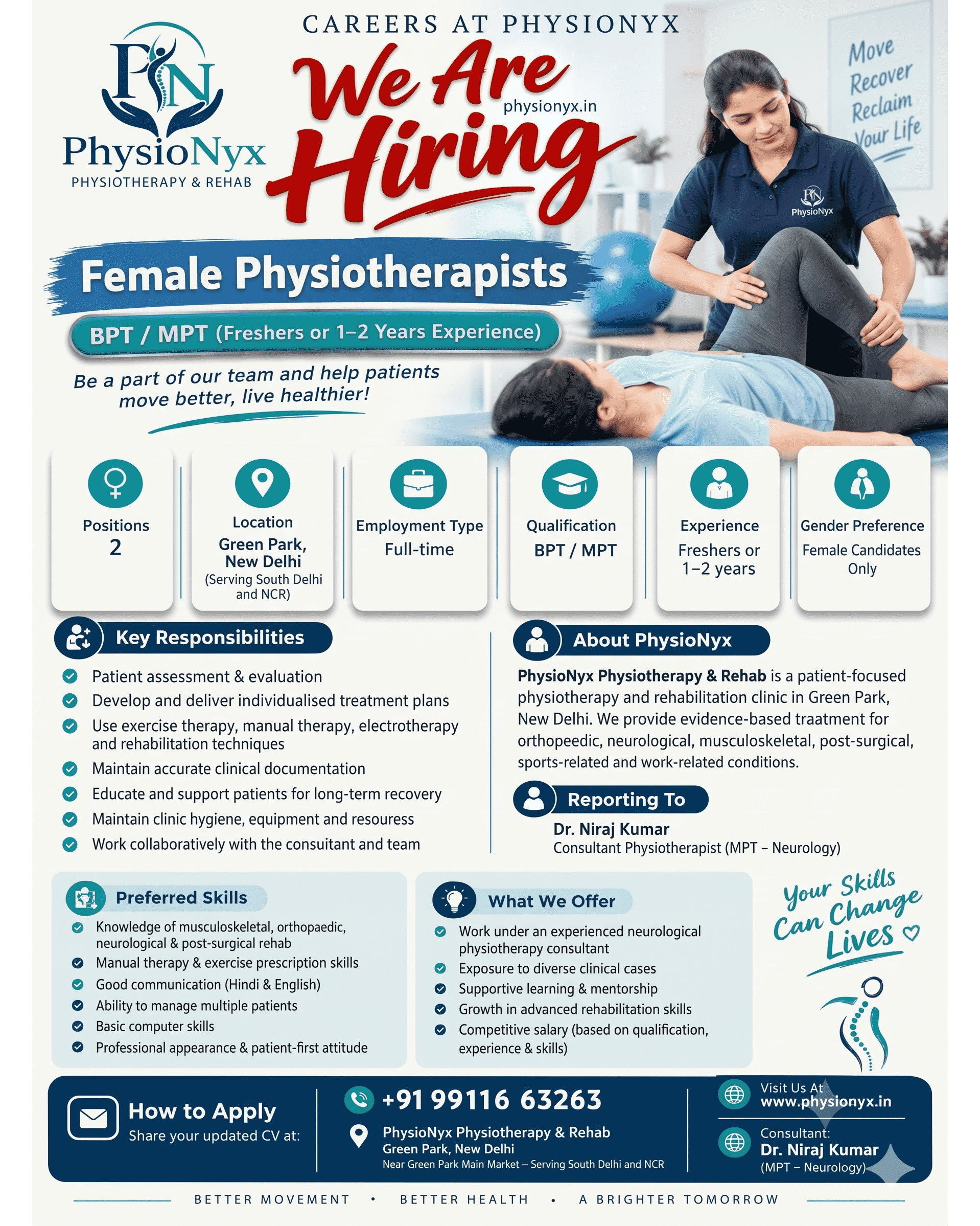 We Are Hiring: Female Physiotherapist (BPT / MPT) at Physionyx, Green Park, New Delhi