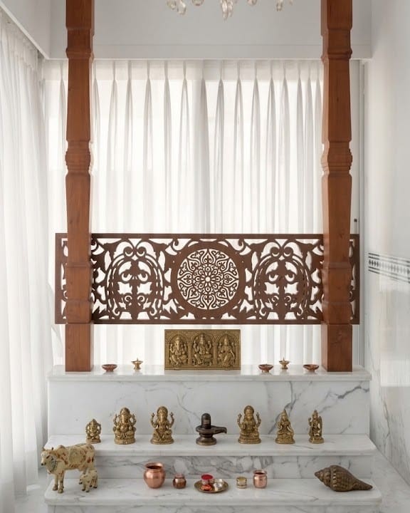 Traditional Marble Pooja Room Design with Ornate Wooden Carving | Adyar