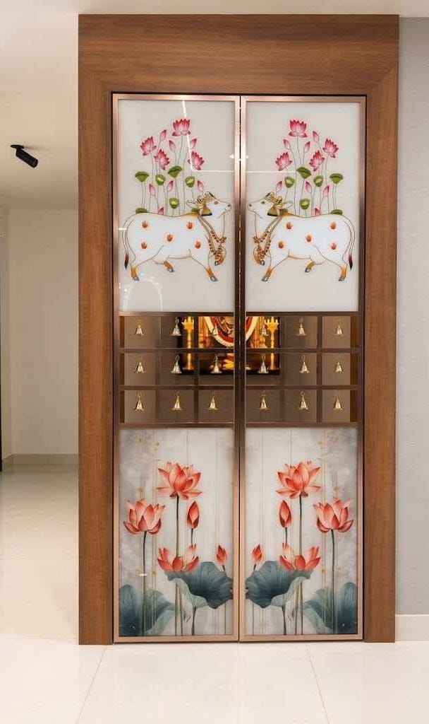 Floral Pooja Cabinet Design with Decorative Glass Doors | Velachery