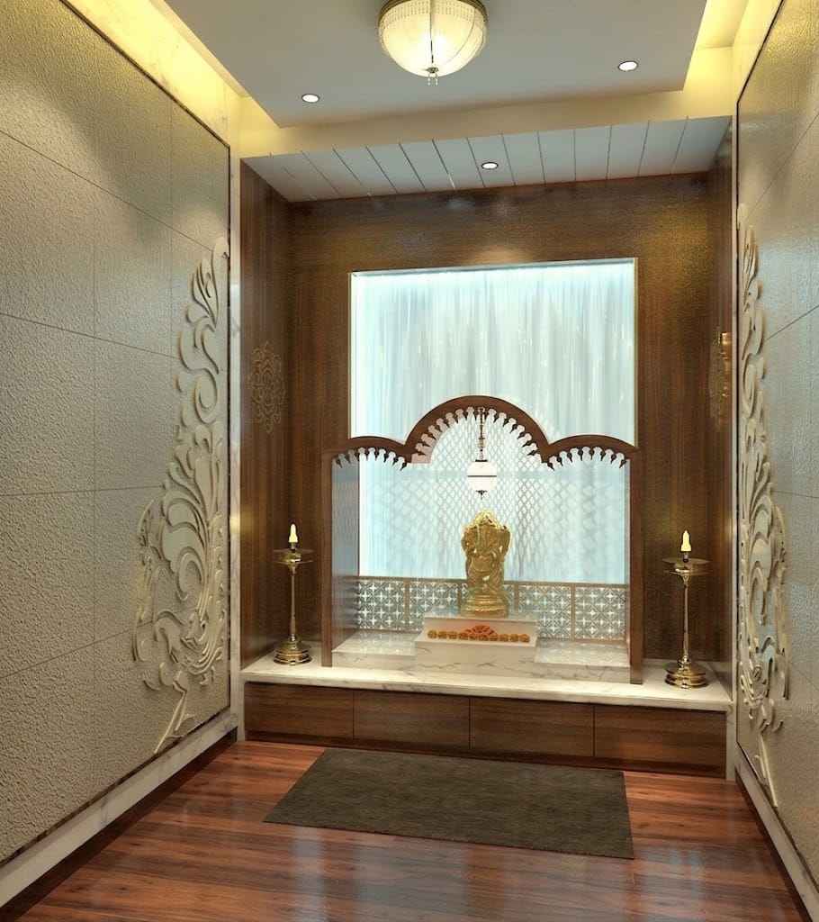 Pooja Room Design with Ornate Arch and Wooden Interiors | Tambaram