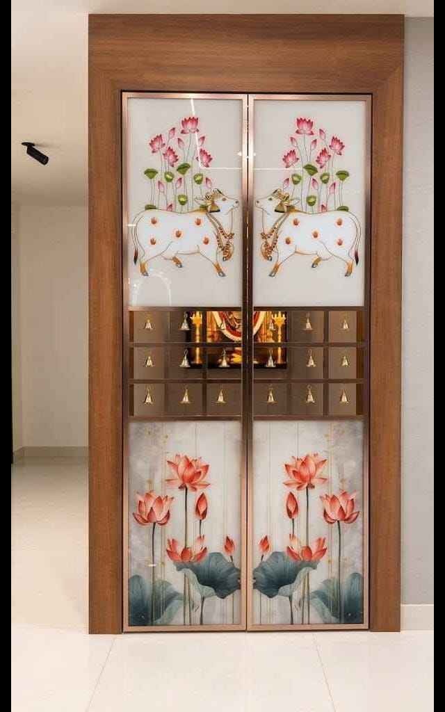 Floral Pooja Cabinet Design with Decorative Glass Doors | Tambaram