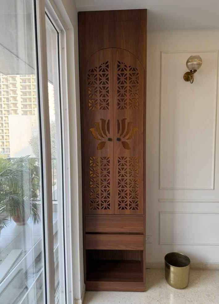 Wooden Pooja Unit Design with Intricate Carved Doors | Adyar