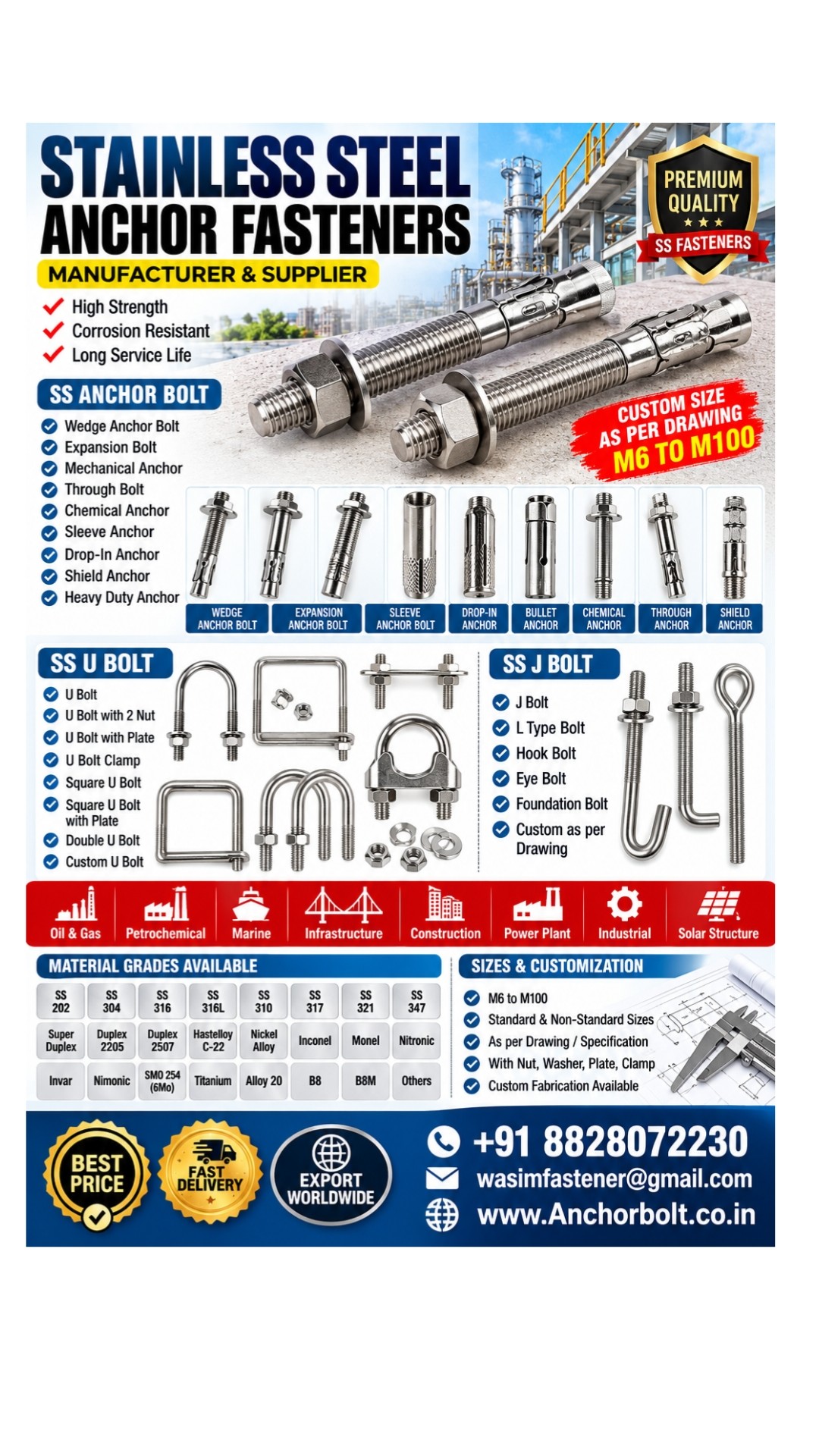 SS Anchor Bolts Manufacturer & Supplier in India | Wasim Fastener