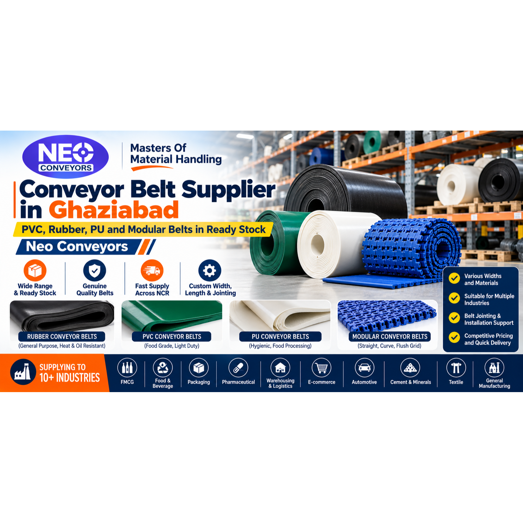Conveyor Belt Supplier in Ghaziabad — PVC, Rubber, PU and Modular Belts in Ready Stock|Neo Conveyors