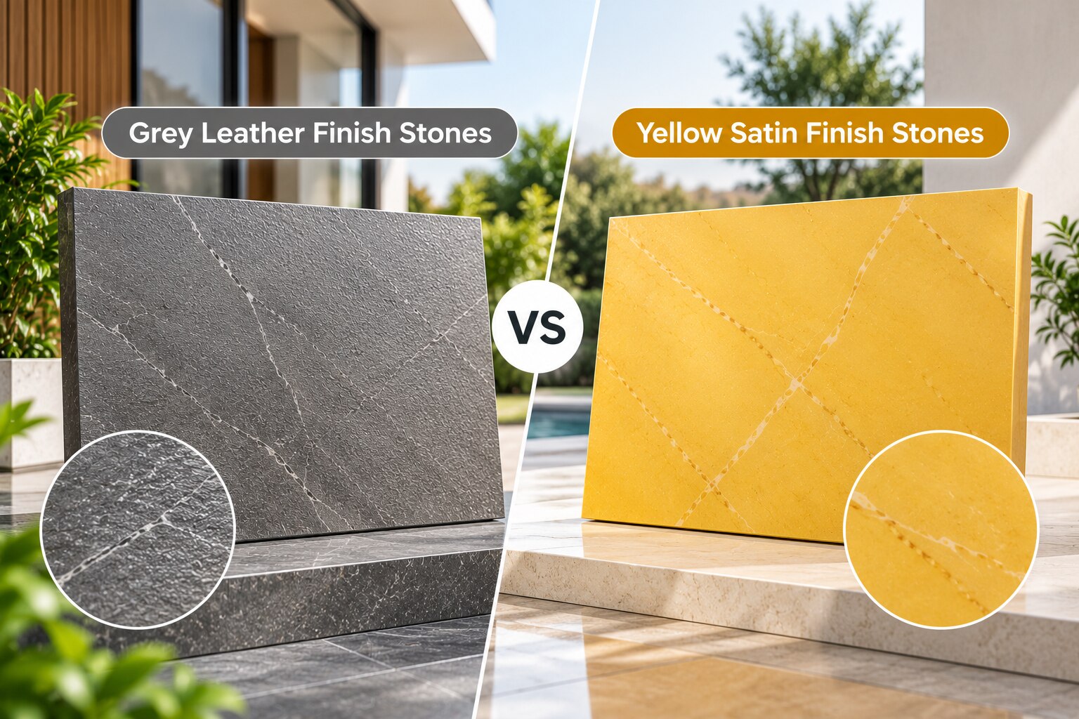 Greay Leather Finish Stones Compared with Yellow Satin Finish Stones
