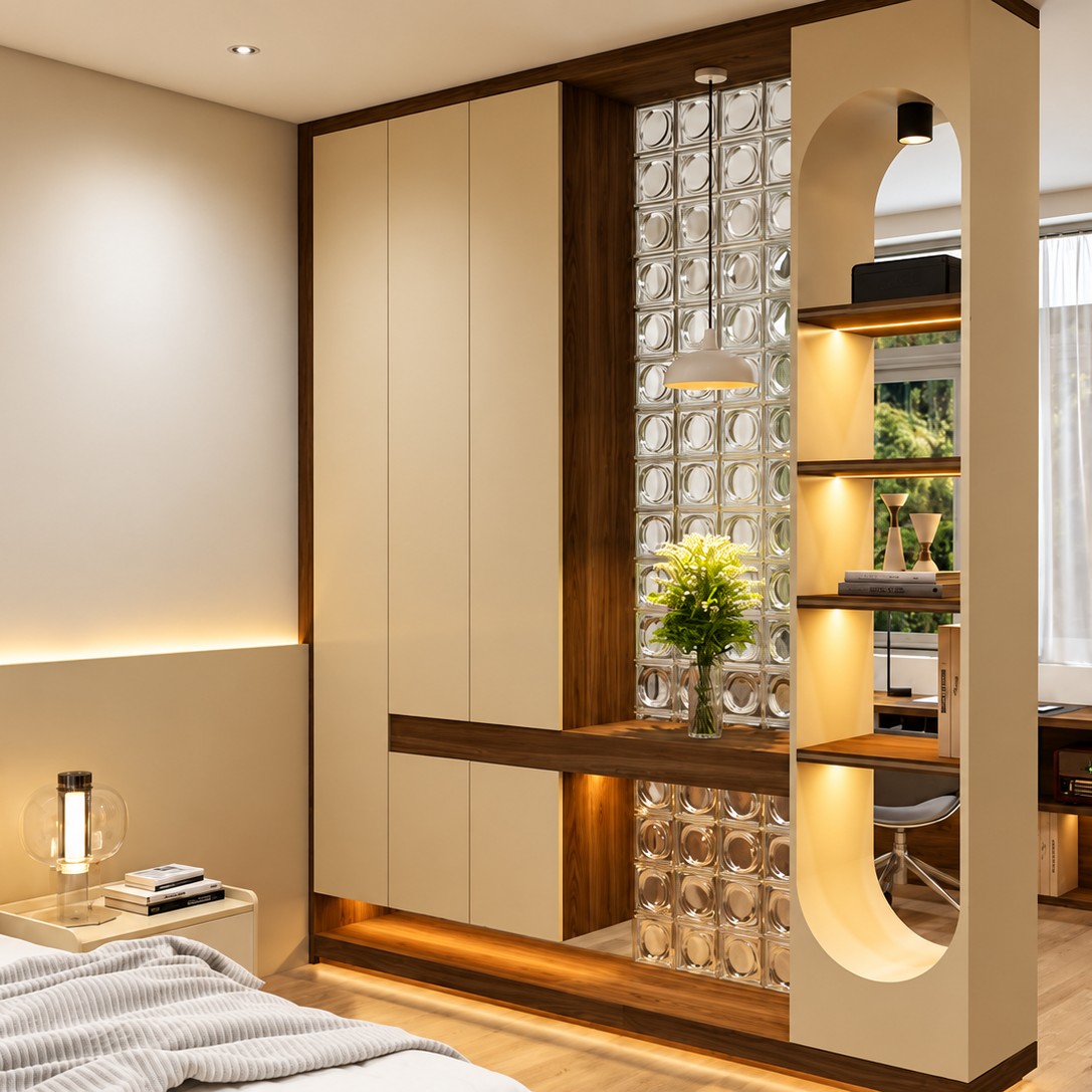 Bedroom Partition Design with Glass Blocks and Warm Wooden Finishes | Porur