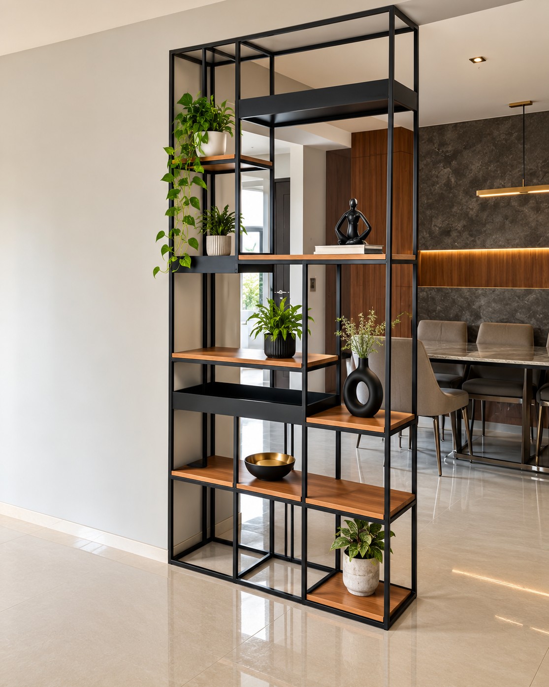 Black Metal and Wooden Display Partition Design | Medavakkam