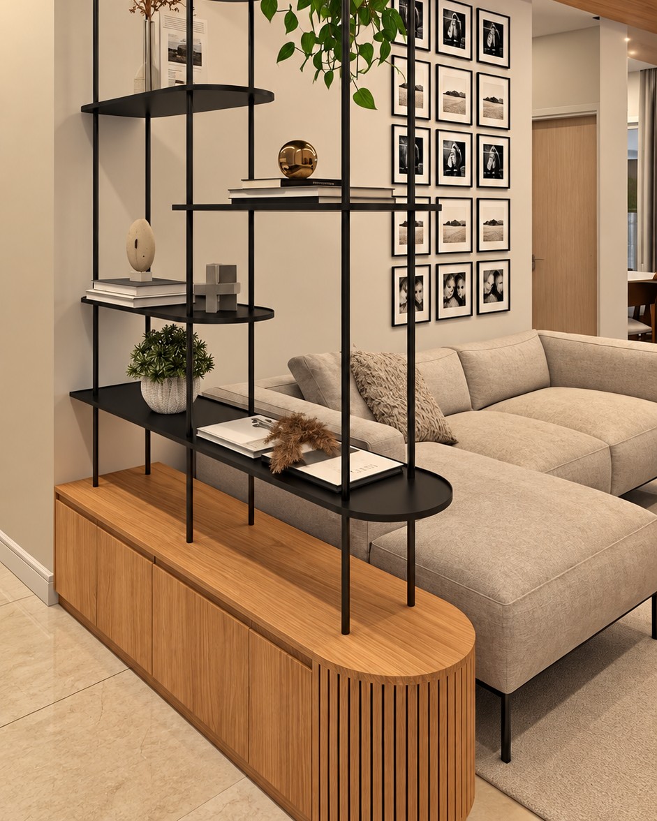 Black Metal and Wooden Console Partition Design | Anna Nagar