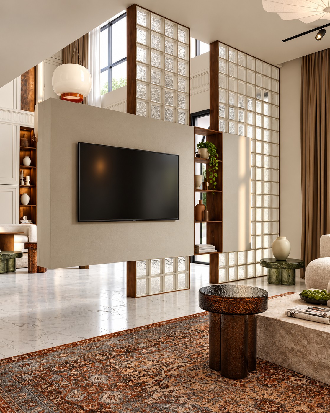 TV Unit Partition with Glass Block Design | Porur