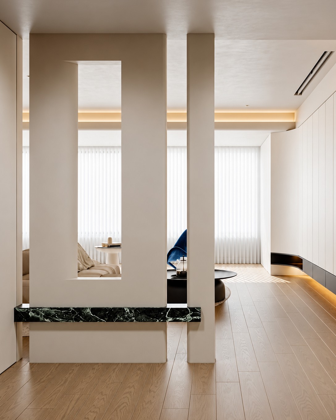Minimalist Beige Partition Design with Black Marble Shelf | Chengalpattu